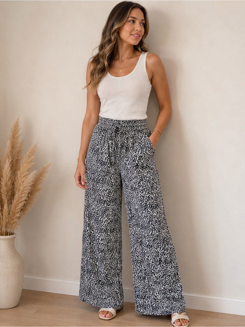DKNY Black & White Wide Leg Smocked Waist Pants